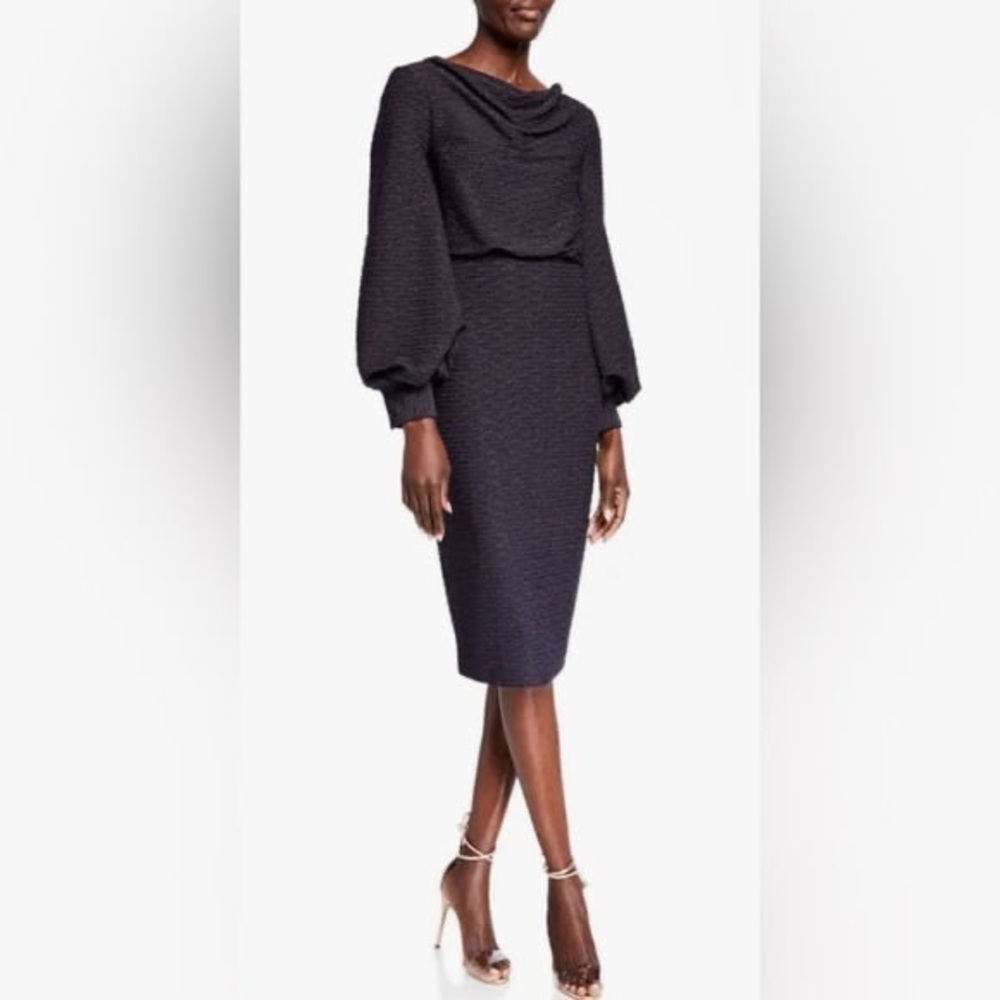 Badgley Mischka Navy Blue Metallic Blouson Balloon Sleeve Cocktail Dress size 14
